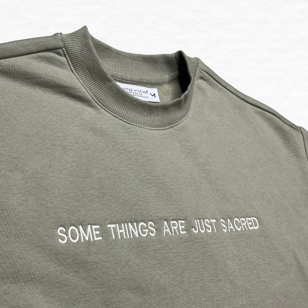 Mens Just Sacred Embroidered Crew Oversized - Eucalyptus