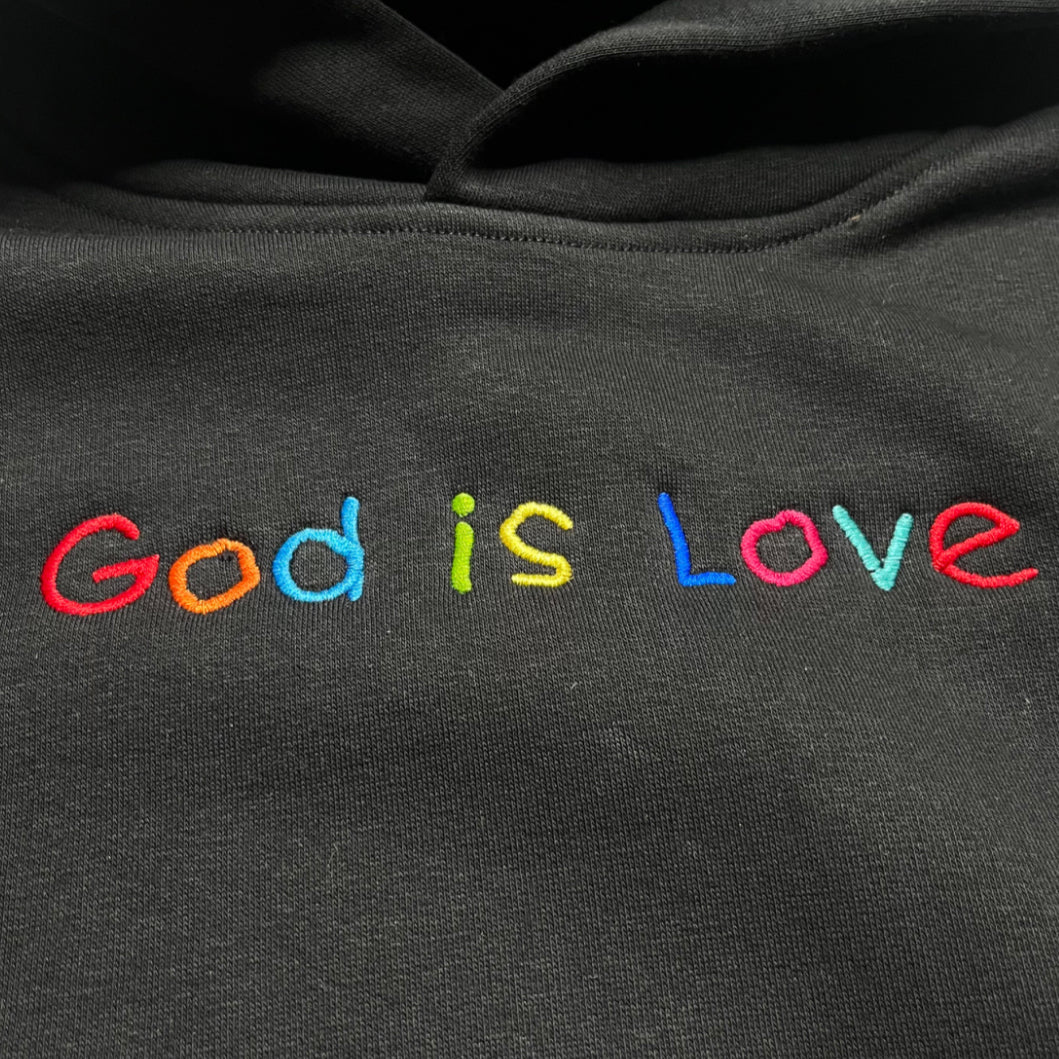 Kids God is Love Embroidered Hoodie - Black