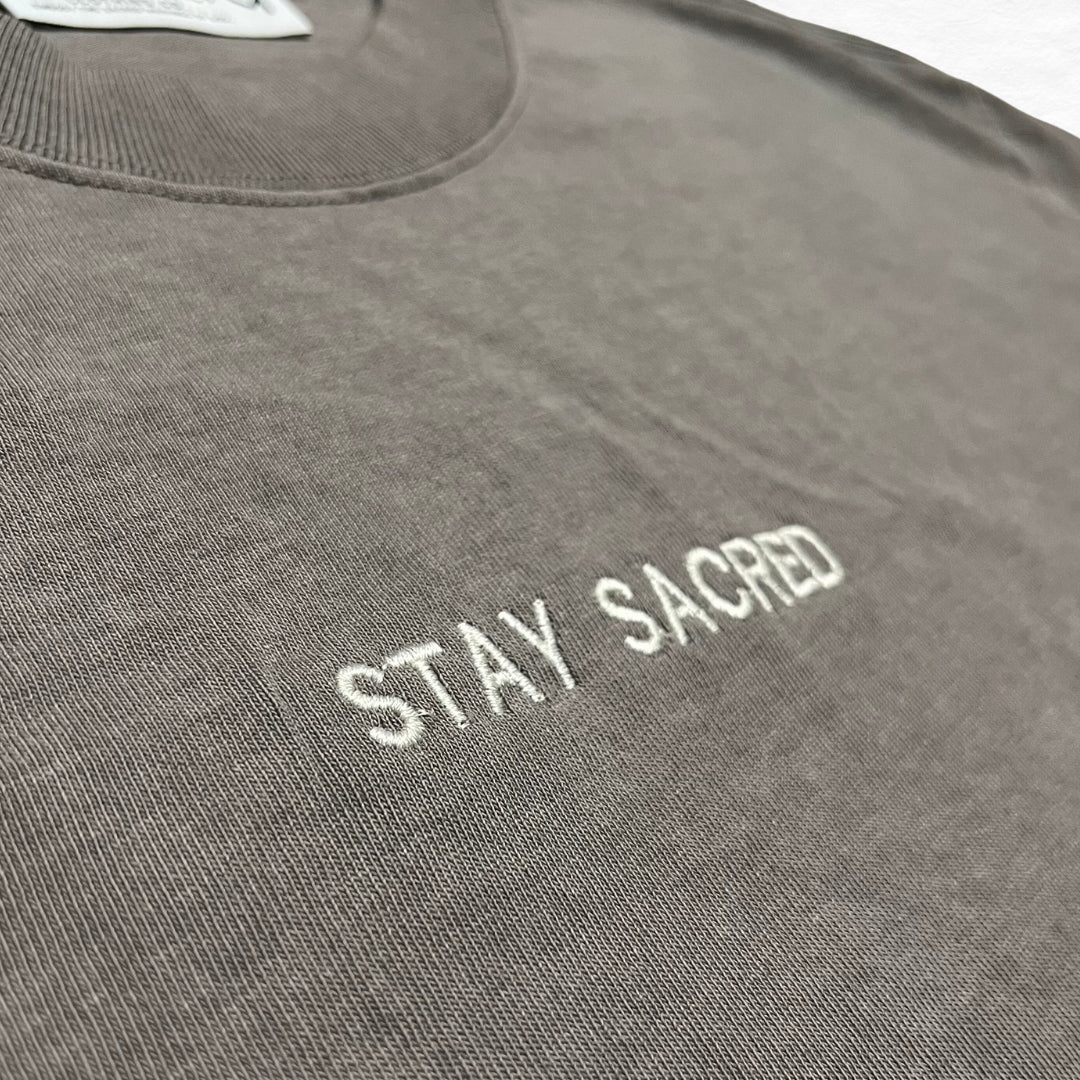 Womens Stay Sacred Embroidered Faded T-shirt - Grey